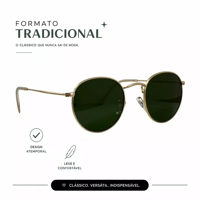 Óculos Solar Evolve Redondo Clássico de Metal Dourado e Lente Verde