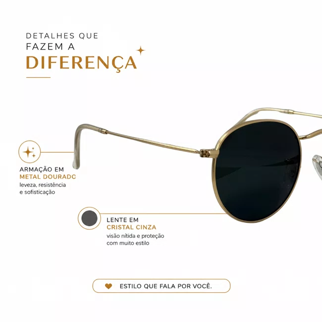 Óculos Solar Evolve Redondo Clássico de Metal Dourado e Lente Cinza
