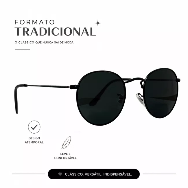 Óculos Solar Evolve Redondo Clássico de Metal Preto