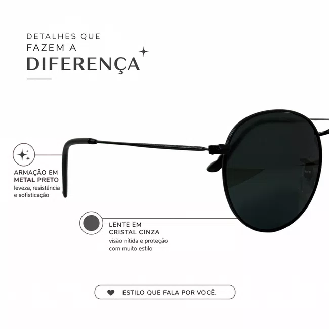 Óculos Solar Evolve Redondo Clássico de Metal Preto