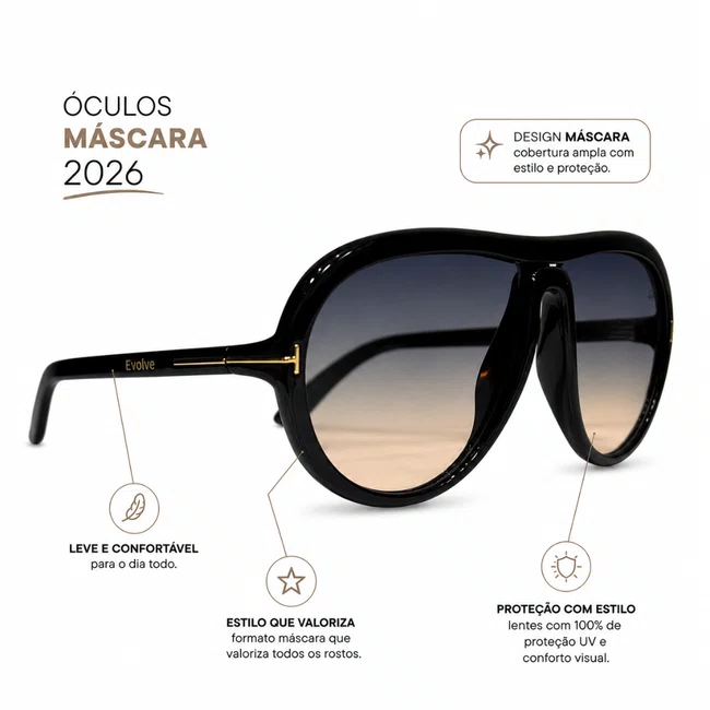 Óculos Solar Máscara Evolve, Preto com Lentes Cosméticas Degradê