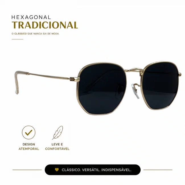 Solar Evolve Hexagonal em Metal Dourado com Lente Cinza