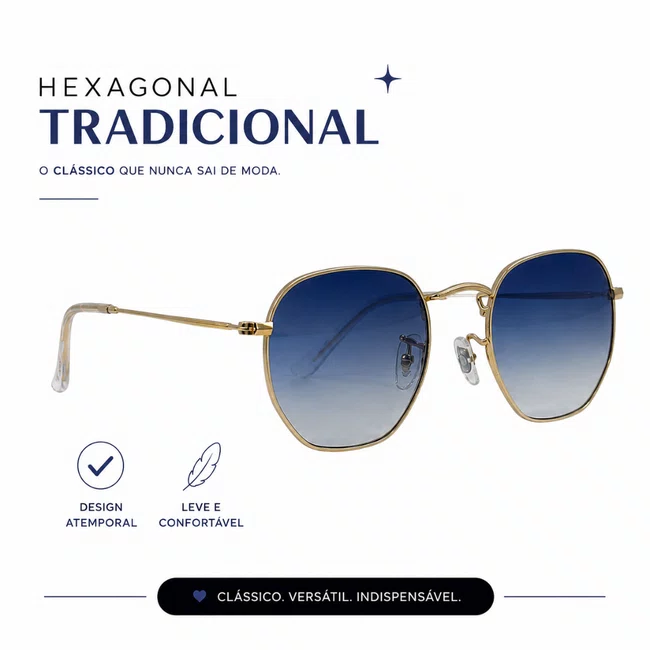 Solar Evolve Hexagonal em Metal Dourado e Lente Azul