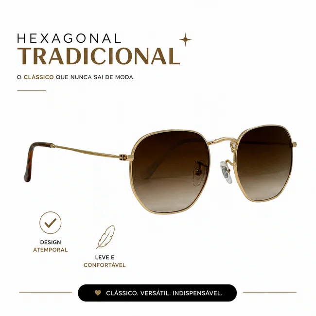 Solar Evolve Hexagonal em Metal Dourado e Lente Marrom
