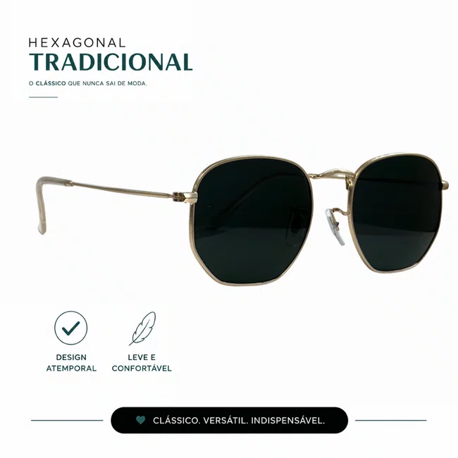 Solar Evolve Hexagonal em Metal Dourado e Lente Verde