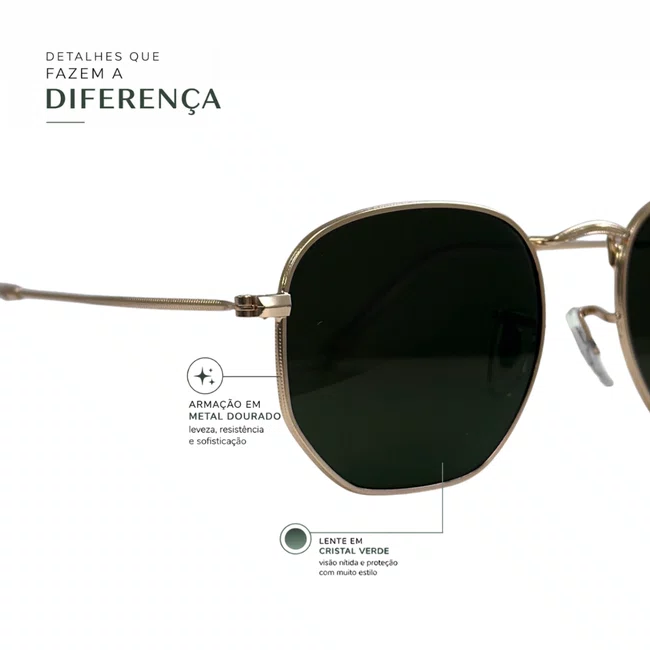 Solar Evolve Hexagonal em Metal Dourado e Lente Verde