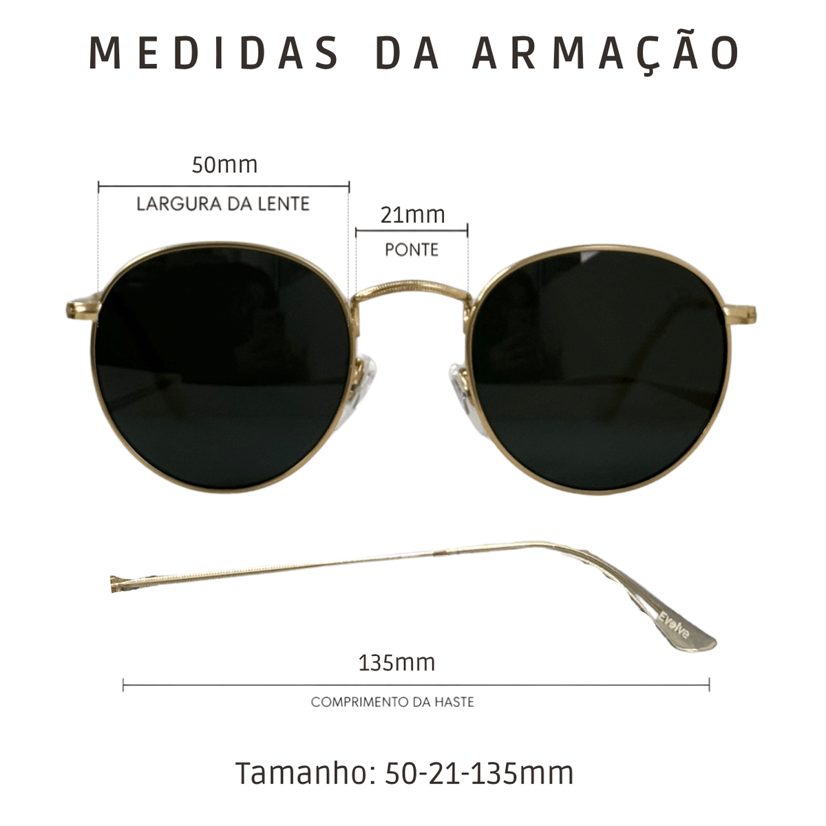 Óculos Solar Evolve Redondo Clássico de Metal Dourado e Lente Cinza