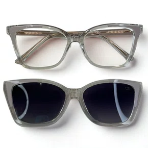 Óculos de grau feminino clip-on, modelo 2 em 1 em Cinza
