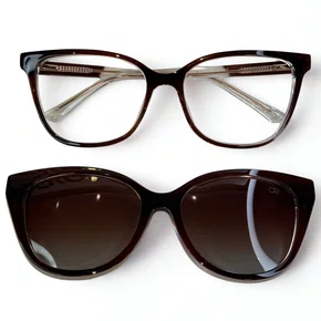 Óculos de grau feminino clip-on, modelo 2 em 1 em Marrom