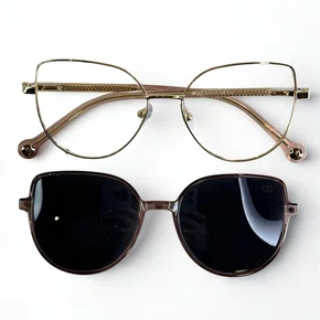 Óculos de grau feminino clip-on, modelo 2 em 1 em Metal Dourado