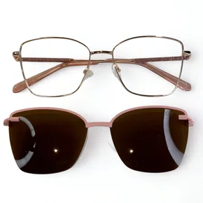 Óculos de grau feminino clip-on, modelo 2 em 1 em Metal Dourado