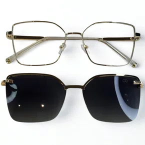 Óculos de grau feminino clip-on, modelo 2 em 1 em metal em Dourado