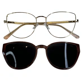 Óculos de grau feminino clip-on, modelo 2 em 1 em Metal em Dourado