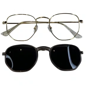 Óculos de grau feminino clip-on, modelo 2 em 1 em Metal em Dourado