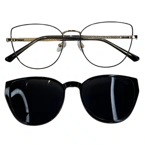 Óculos de grau feminino clip-on, modelo 2 em 1 em Metal em Dourado e Preto