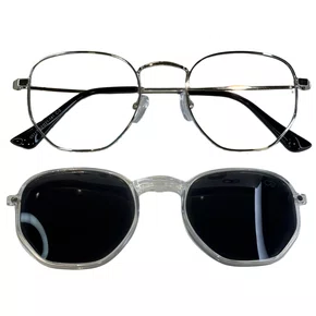 Óculos de grau feminino clip-on, modelo 2 em 1 em Metal em Prata