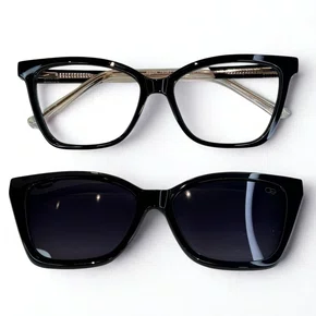 Óculos de grau feminino clip-on, modelo 2 em 1 em Preto
