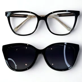 Óculos de grau feminino clip-on, modelo 2 em 1 em Preto