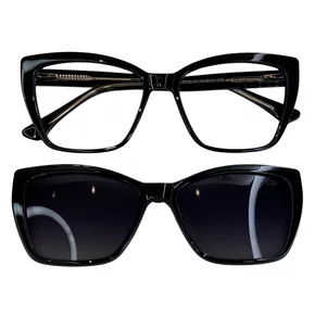 Óculos de grau feminino clip-on, modelo 2 em 1 em Preto