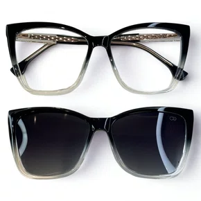 Óculos de grau feminino clip-on, modelo 2 em 1 em Preto Degradê