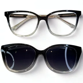 Óculos de grau feminino clip-on, modelo 2 em 1 em Preto Degradê