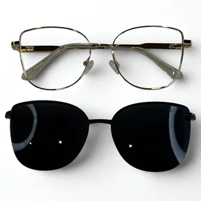 Óculos de grau feminino clip-on, modelo 2 em 1 metal em Dourado