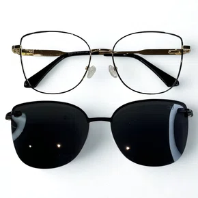 Óculos de grau feminino clip-on, modelo 2 em 1 metal em Preto